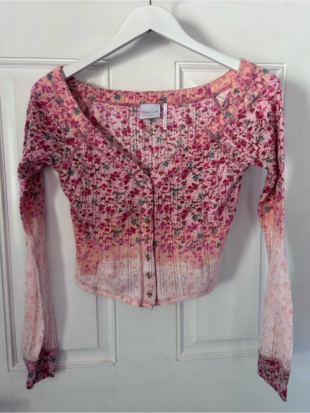 Urban Outfitters Pink Floral Ribbed Button-Front Long Sleeve Top